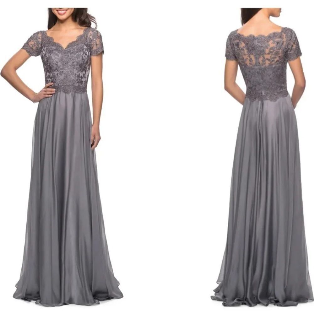 NWT La Femme 27098 Platinum Grey Embroidered Lace/Chiffon A-Line $515